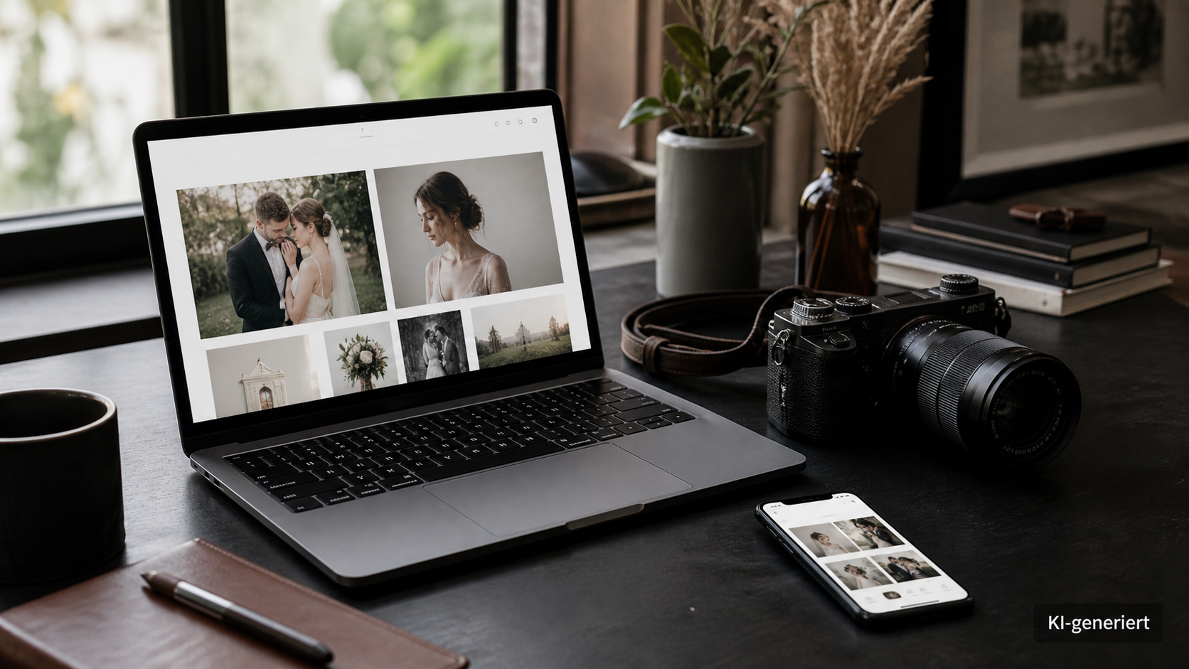 Kamera neben Laptop und Smartphone mit Fotografie-Portfolio – KI-generierte Illustration